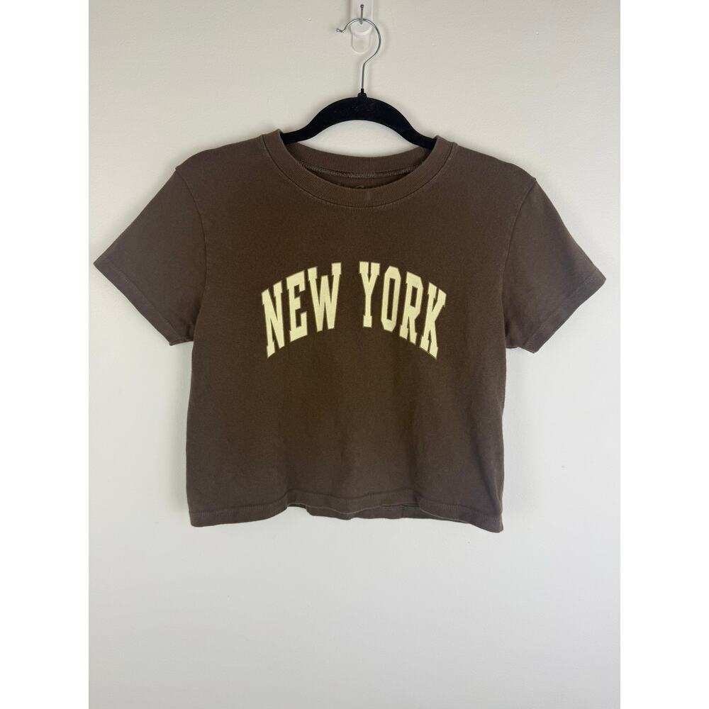 John Galt Womens Crewneck "New York" Varsity Cropped Brown/Cream T-Shirt OS